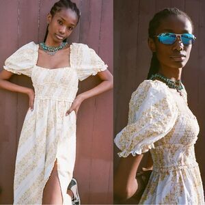 For Love & Lemons Lucie Midi Yellow White Dress Smocked Size S